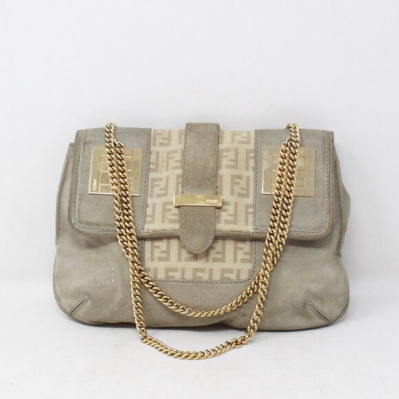 Fendi #SK8A4C Zucchino Suede Shoulder Bag - Picture 1 of 7